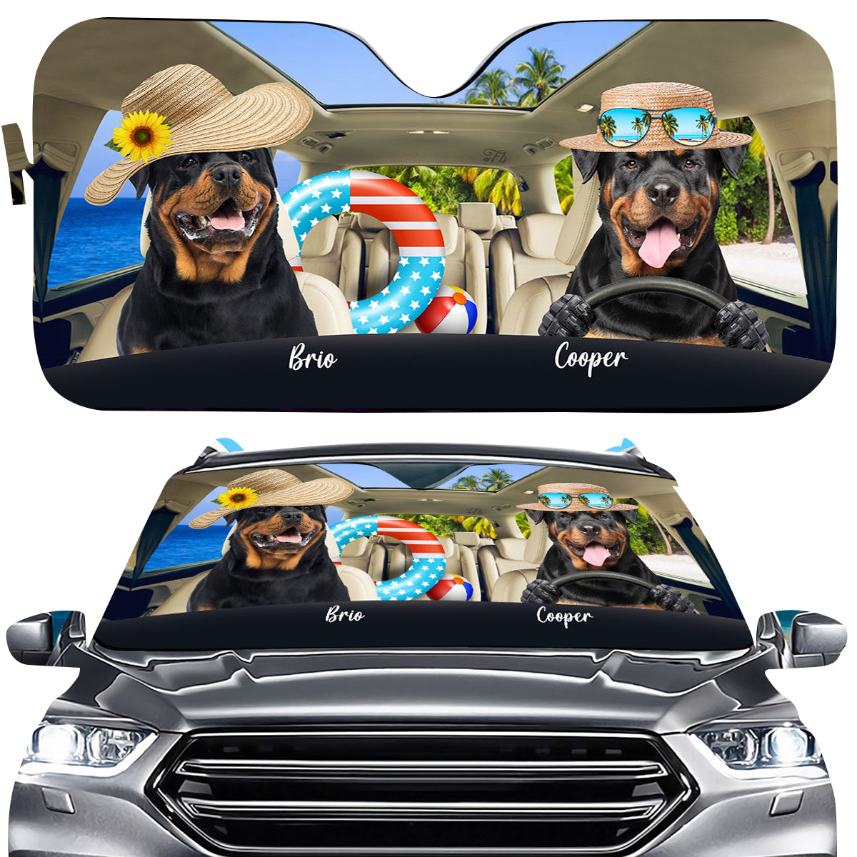 Petthouse | Rottweiler Go To Beach Sunshade For Car Window Custom Photo Windshield Sun Shade Dog Sunshade