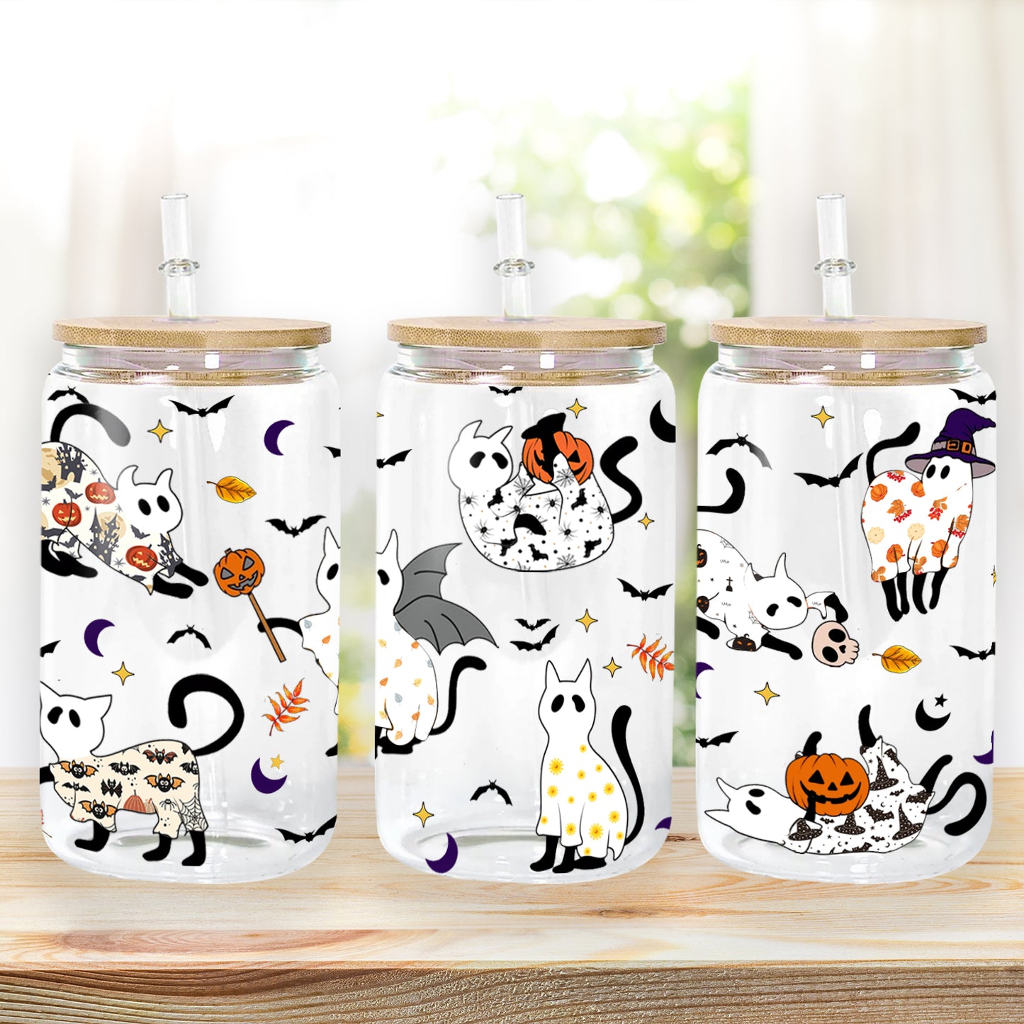 Petthouse | Halloween Ghost Cats Glass Can Cup, Pooky Season Coffee Mug, Iced Coffee Cup, Ghost Cat Coffee