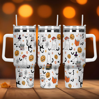 Petthouse | Halloween Cat Ghost Reading 40oz Tumbler, Spooky Cat Bookish Stainless Steel Tumbler, Ghost Cat