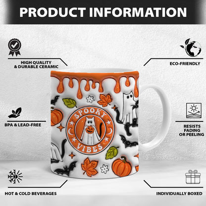 Petthouse | Cat Spooky Vibes Inflated 3d Mug, Cat Ghost Halloween, Spooky Vibes Cute Ghost Boo