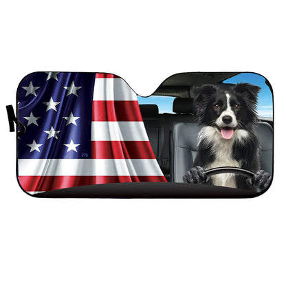 Petthouse | Custom Photo Dog Sunshade American Flag Windshield Sun Shade Border Collie Dog Driver Car