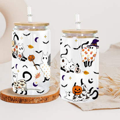 Petthouse | Halloween Ghost Cats Glass Can Cup, Pooky Season Coffee Mug, Iced Coffee Cup, Ghost Cat Coffee