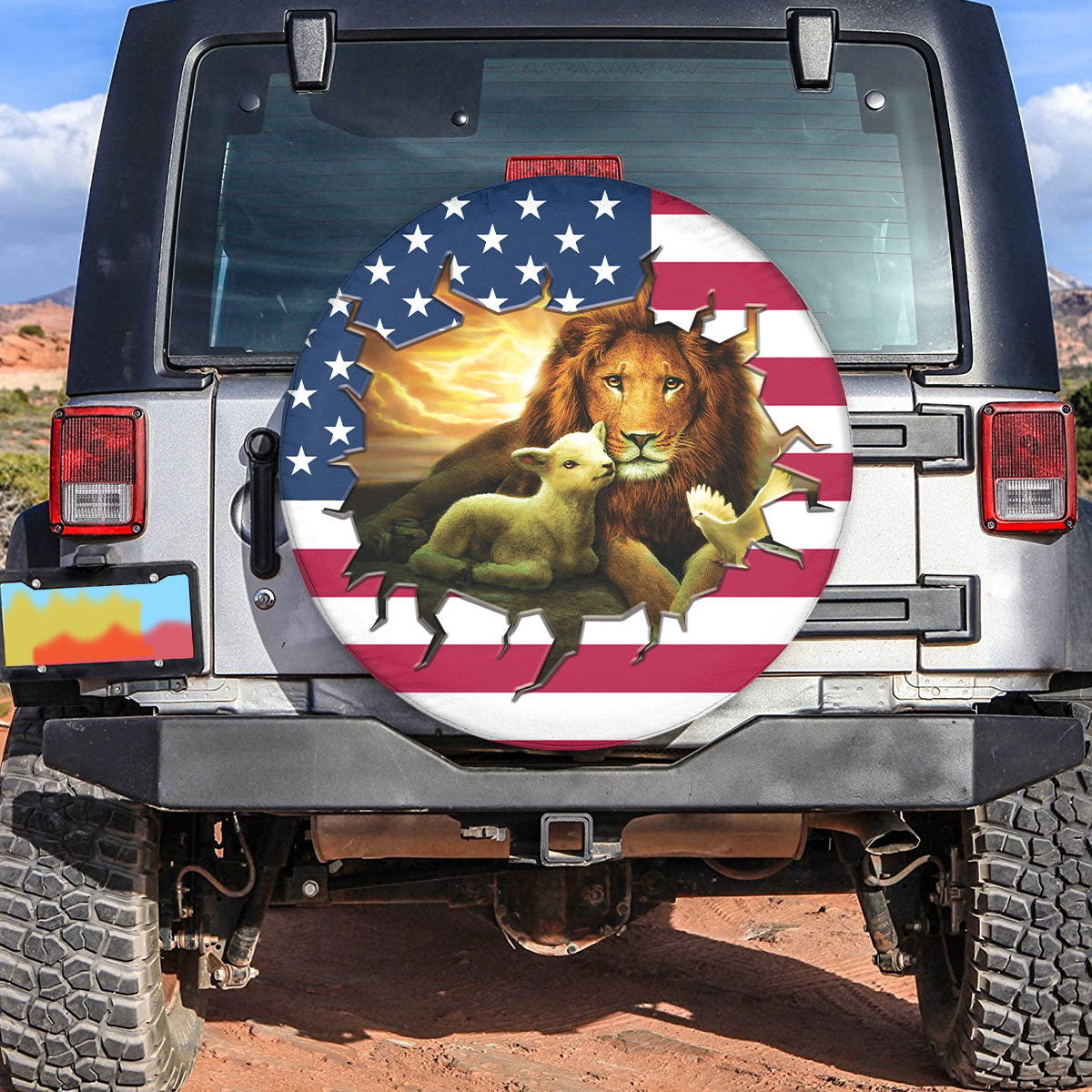 Petthouse | Jesus Lion And Lamb Usa Flag Spare Tire Cover Jesus Catholic Car Tire Protector Dust-proof