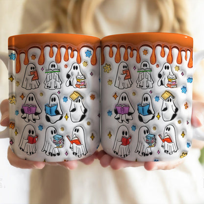 Petthouse | Ghost Reading Book 3d Inflated Mug, Halloween Spooky Reading Ghost Mug, Cute Reading Ghost