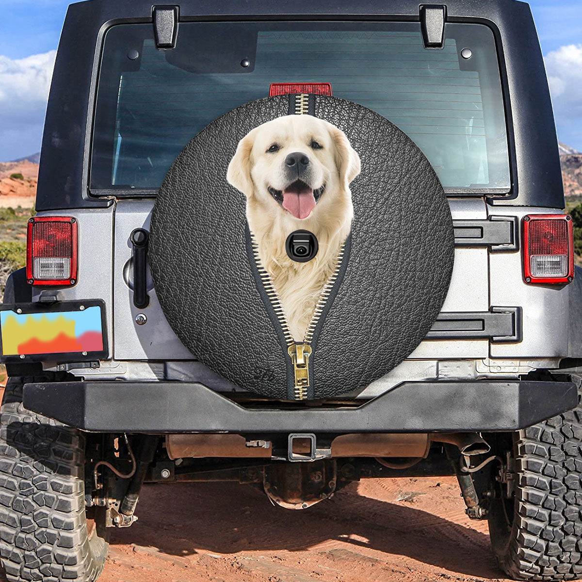 Petthouse | Golden Retriever Black Leather Zipper Spare Tire Cover Dog Cute Spare Wheel Cover Waterproof