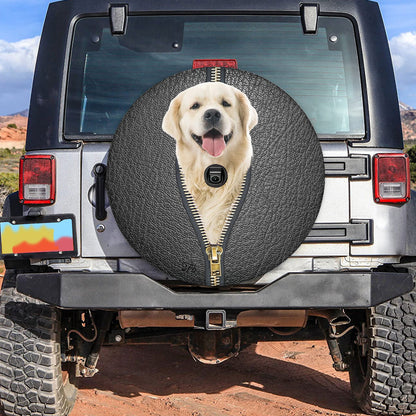 Petthouse | Golden Retriever Black Leather Zipper Spare Tire Cover Dog Cute Spare Wheel Cover Waterproof