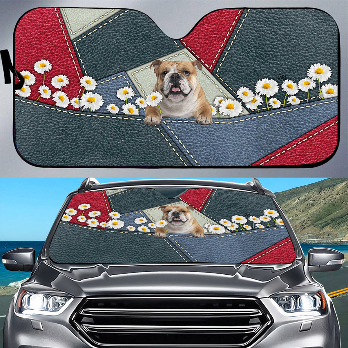 Petthouse | English Bulldog Sun Shade Dog Chamomile Windshield Sun Shade Leather Patchwork