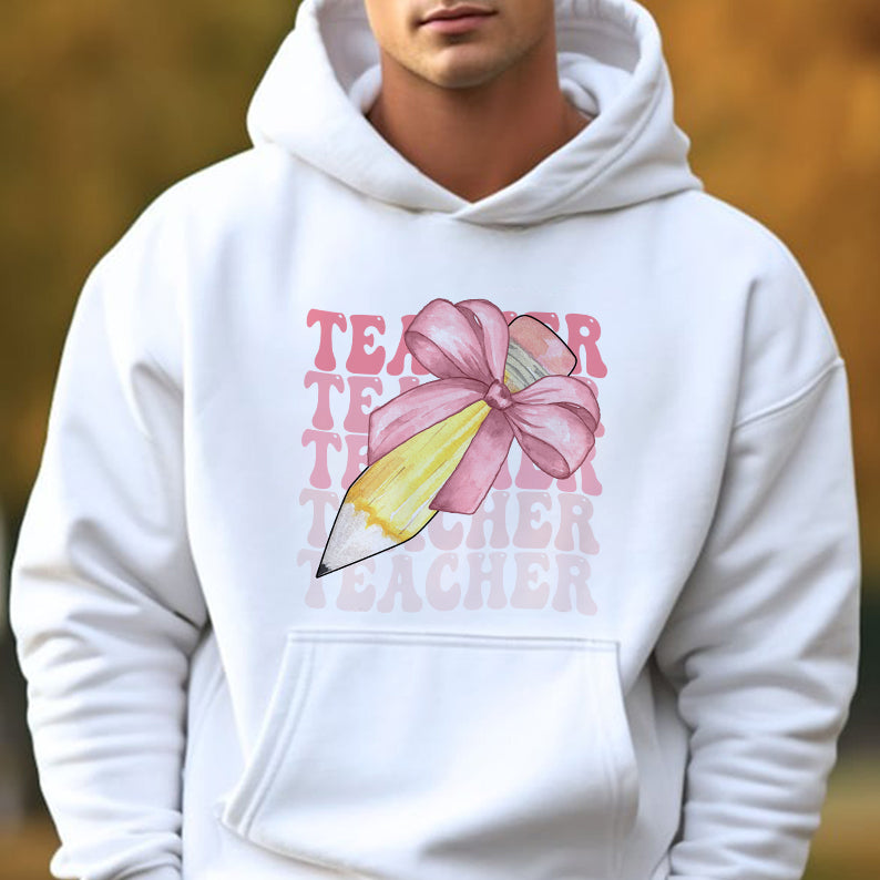 Petthouse | Custom Teacher Pencil Coquette Bow Shirt, Teach Love Inspire Techer Back To School