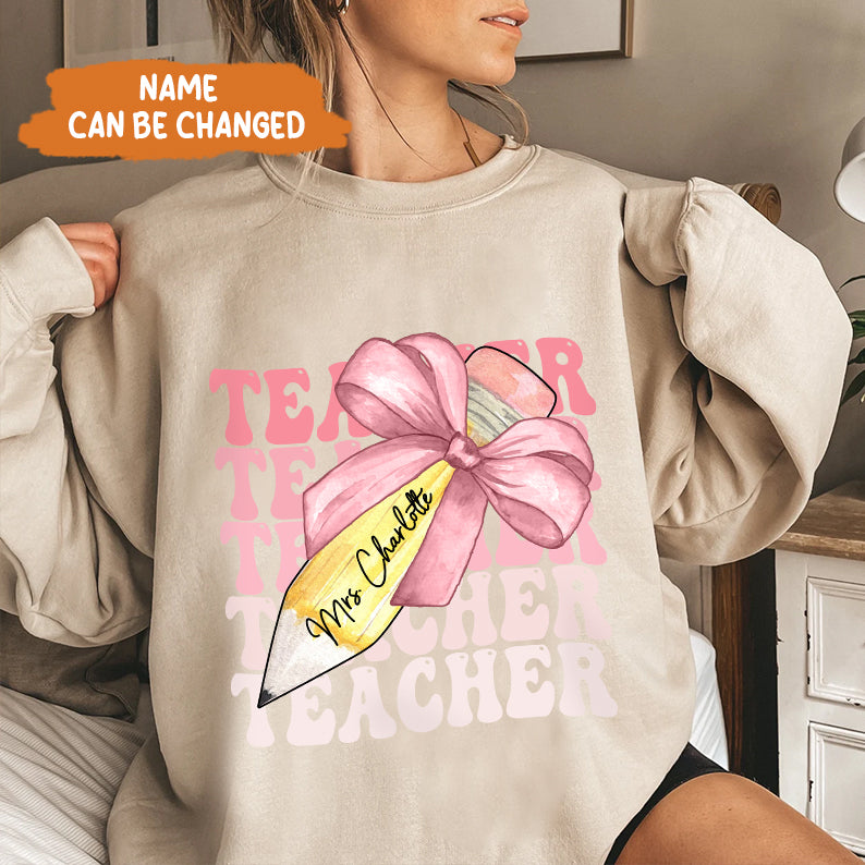 Petthouse | Custom Teacher Pencil Coquette Bow Shirt, Teach Love Inspire Techer Back To School