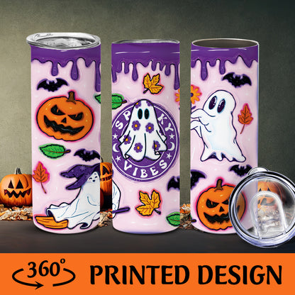 Petthouse | Ghost Spooky Vibes Purple Skinny Tumbler, Halloween Ghost 3d Inflated Effect Printed Tumbler