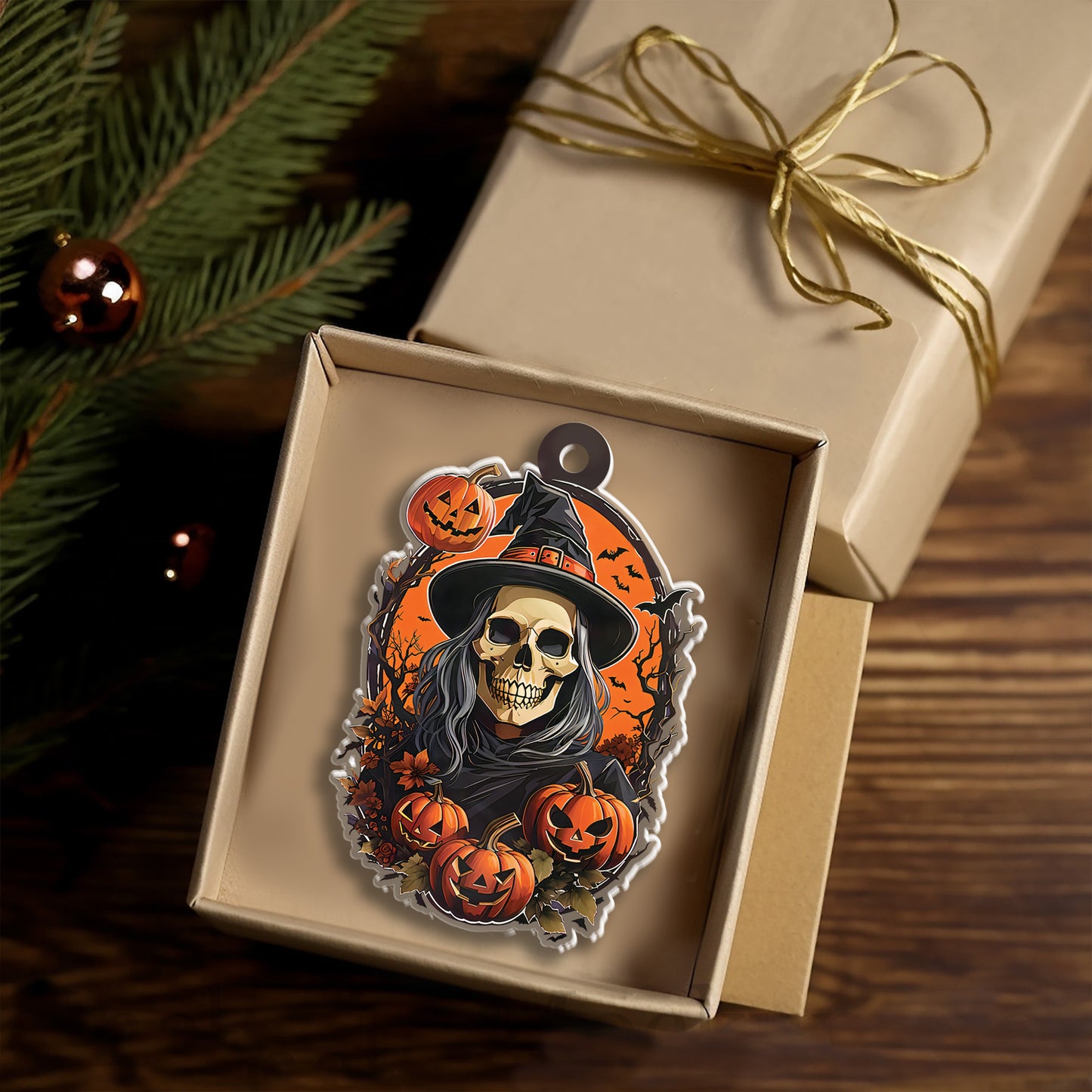 Petthouse | Witch Skull Halloween Ornament, Halloween Pumpkin Acrylic Ornament Hanging, Home Decor Gift