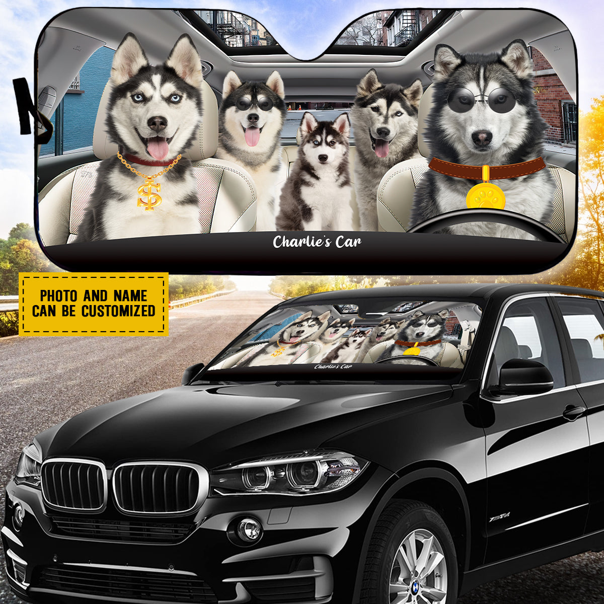 Petthouse | Customizable Siberian Husky Family Windshield Sun Shade Car Shade Rich Dog Car Window Sunshade