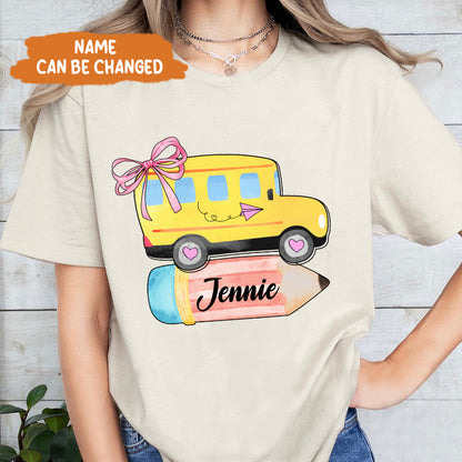 Petthouse | Personalized School Bus With Name Bow Shirt, Coquette Back To School Shirt, School Girl