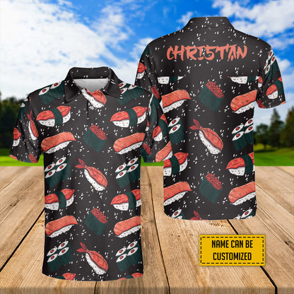 Petthouse | Customized Name Japanese Sushi Slices Seamless Pattern Polo Shirt Cartoon Sushi Sport Shirt Sushi Gift