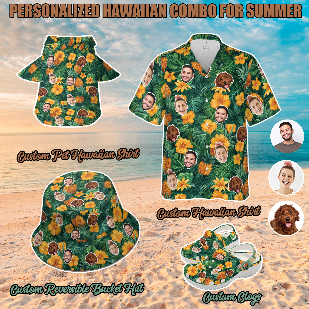 Petthouse | Custom With Face Pineapple Unisex Hawaiian Set, Summer Party Hawaiian Shirt