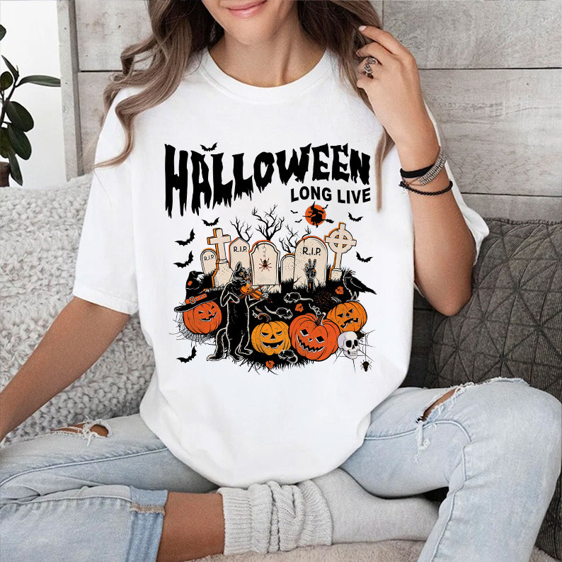 Petthouse | Long Live Halloween T-shirt, Spooky Vibes Shirt, Cat Playing Violin Halloween Vibes Shirt