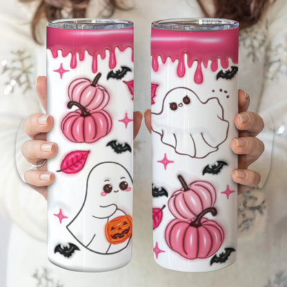 Petthouse | Spooky Vibes 3d Inflated Effect Skinny Tumbler, Ghost Puff Pink Halloween Ghost Pumpkin