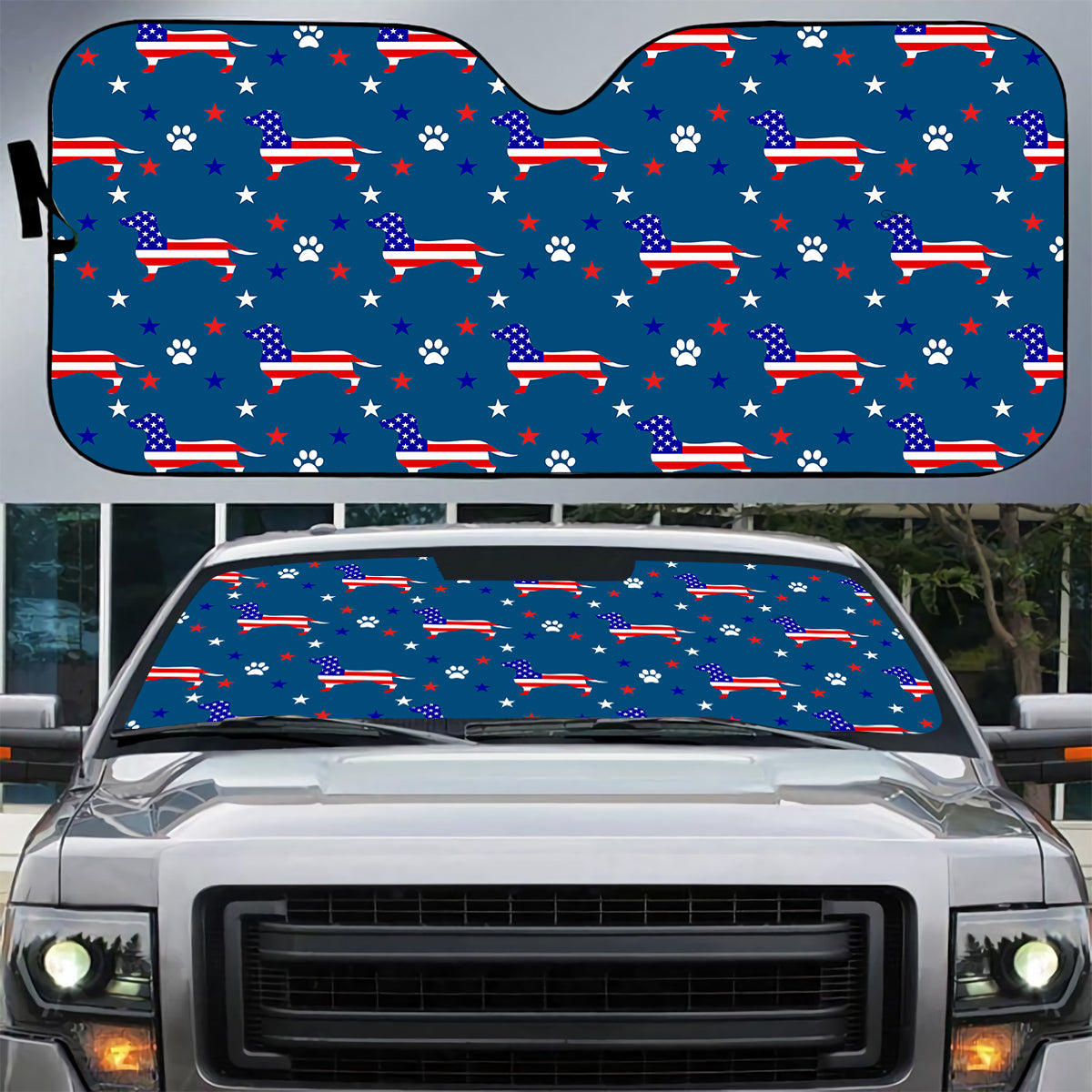 Petthouse | Dachshund American Pattern Car Sunshade Usa Flag Patriotic Design Folding Sun Shade