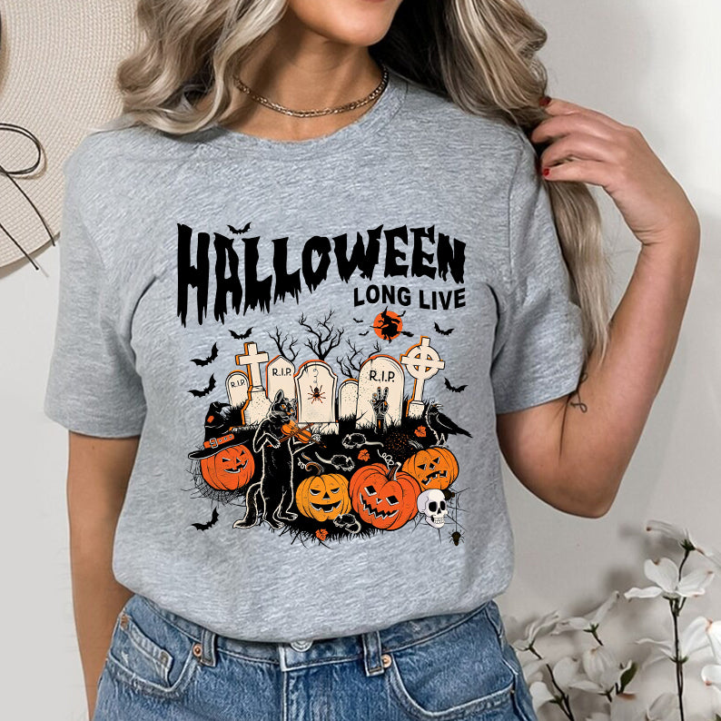 Petthouse | Long Live Halloween T-shirt, Spooky Vibes Shirt, Cat Playing Violin Halloween Vibes Shirt