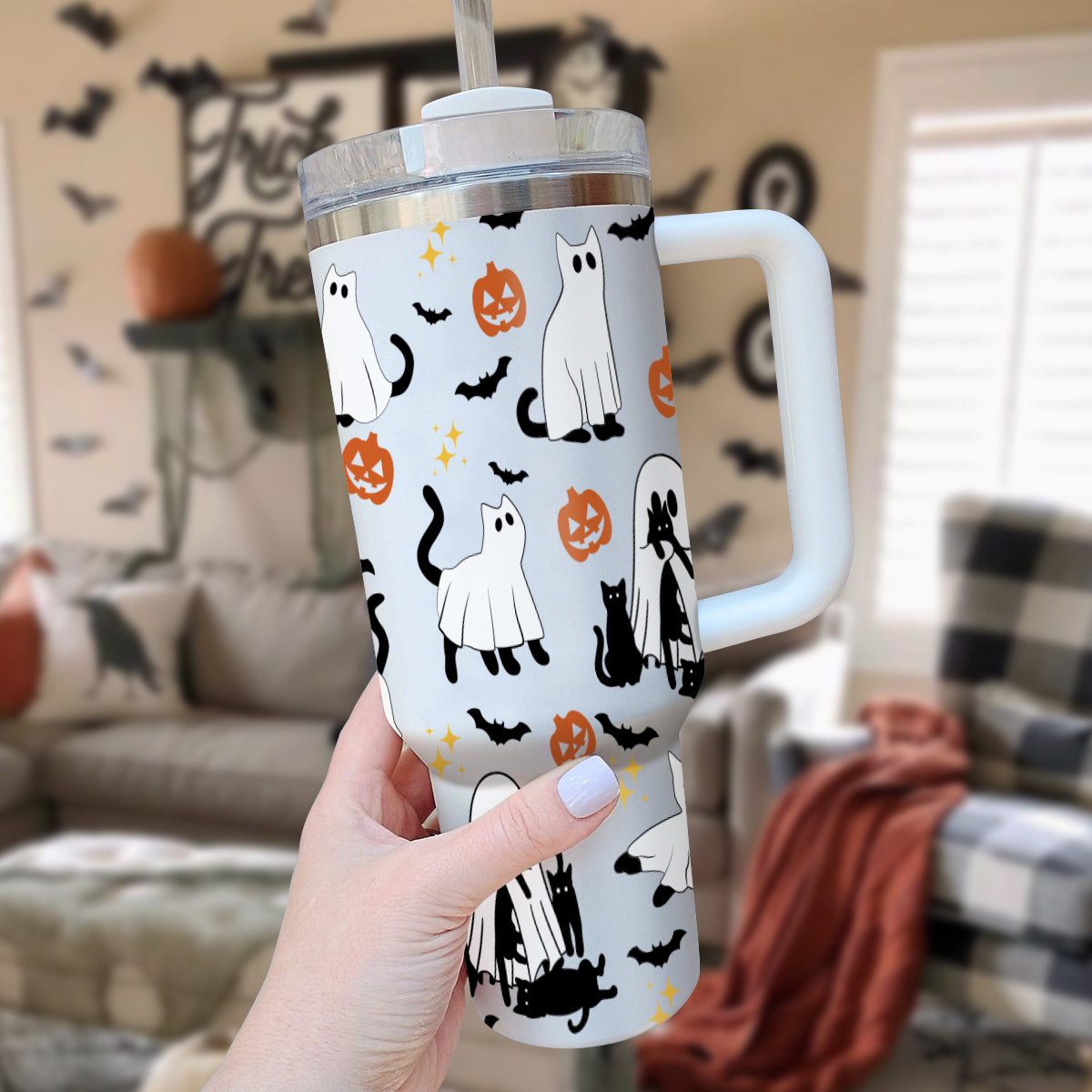 Petthouse | Сute Ghost Cat Halloween Tumbler 40oz, Ghost Cat, Spooky Black Cat Stainless Steel Cup