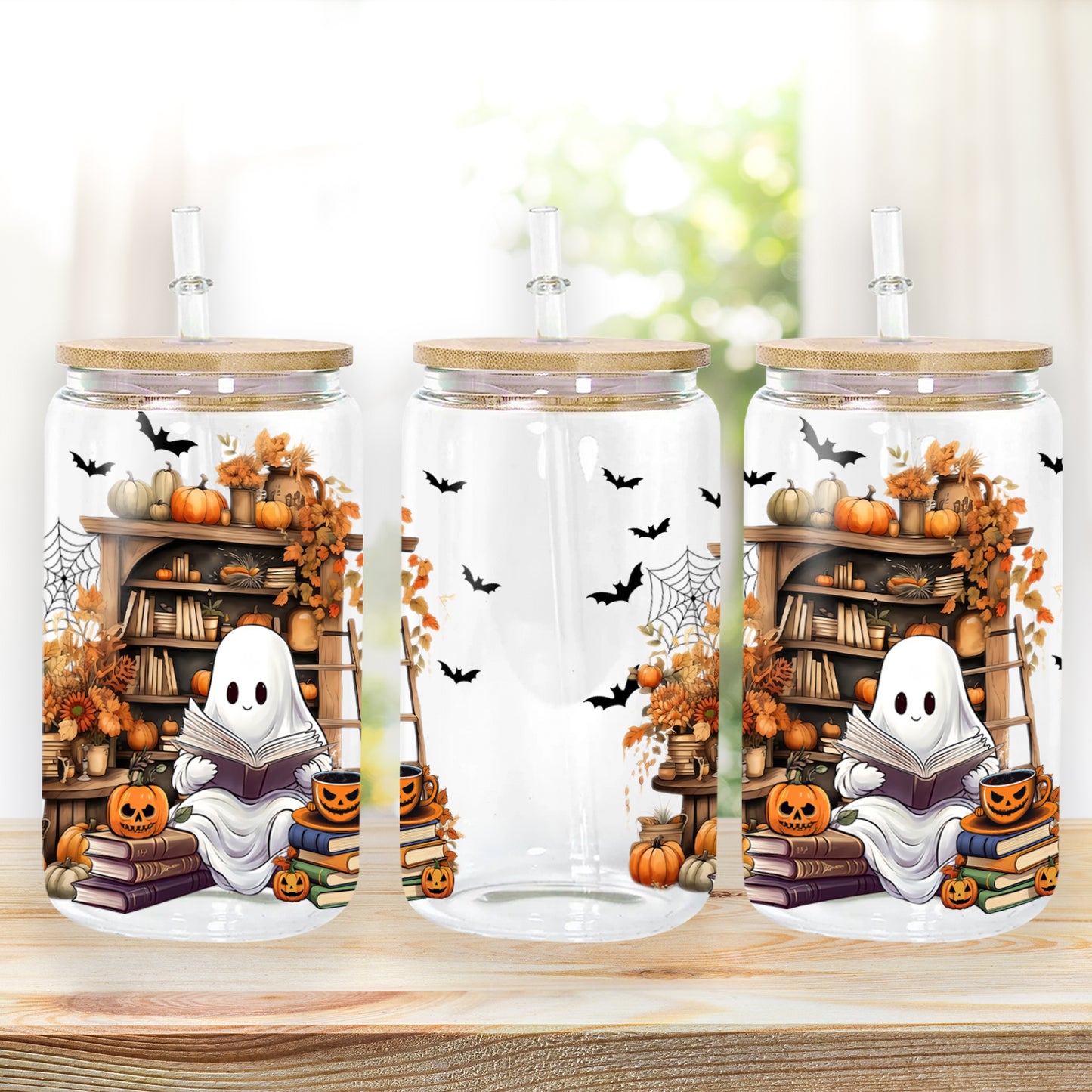 Petthouse | Cute Ghost Reading Book Glass Can, Ghostly Bookish Cup, Housewarming Party, Halloween Book