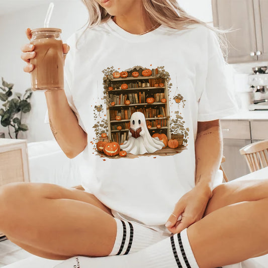 Petthouse | Ghost Pumpkin Reading Book Shirt, Cute Ghost Spooky Halloween Shirt, Ghost Book Reader