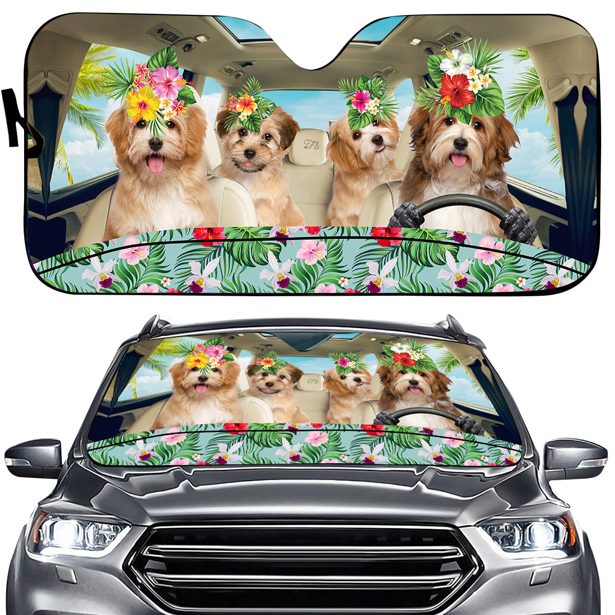 Petthouse | Havanese Dog Driving A Car Windshield Sun Shade Hello Summer Sun Visor For Car Hibicus