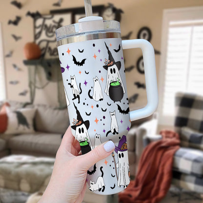 Petthouse | Spooky Vibes Ghost Cat 40oz Tumbler, Halloween Ghost Cat, Spooky Black Cat Cup, Cat Lover