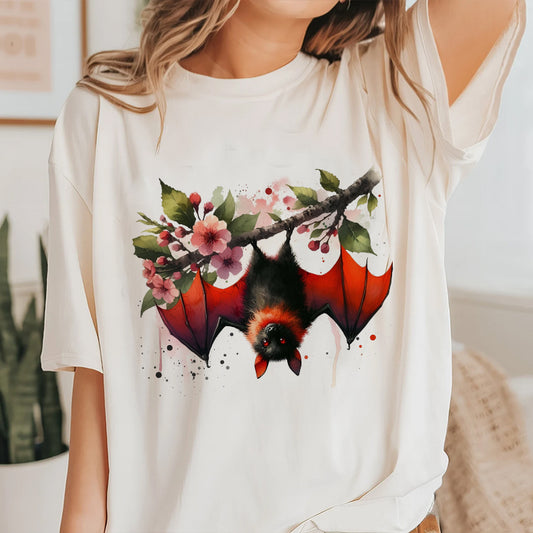 Petthouse | Hanging Bat Shirt, Red Bad Flowers Halloween T-shirt, Halloween Bat Shirt, Bats Lovers Tee