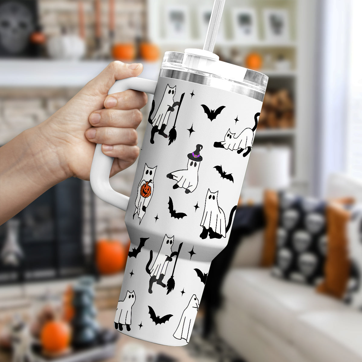 Petthouse | Ghost Cat 40oz Tumbler, Spooky Cat Ghost, Halloween Ghost Black Cat Stainless Steel Tumbler