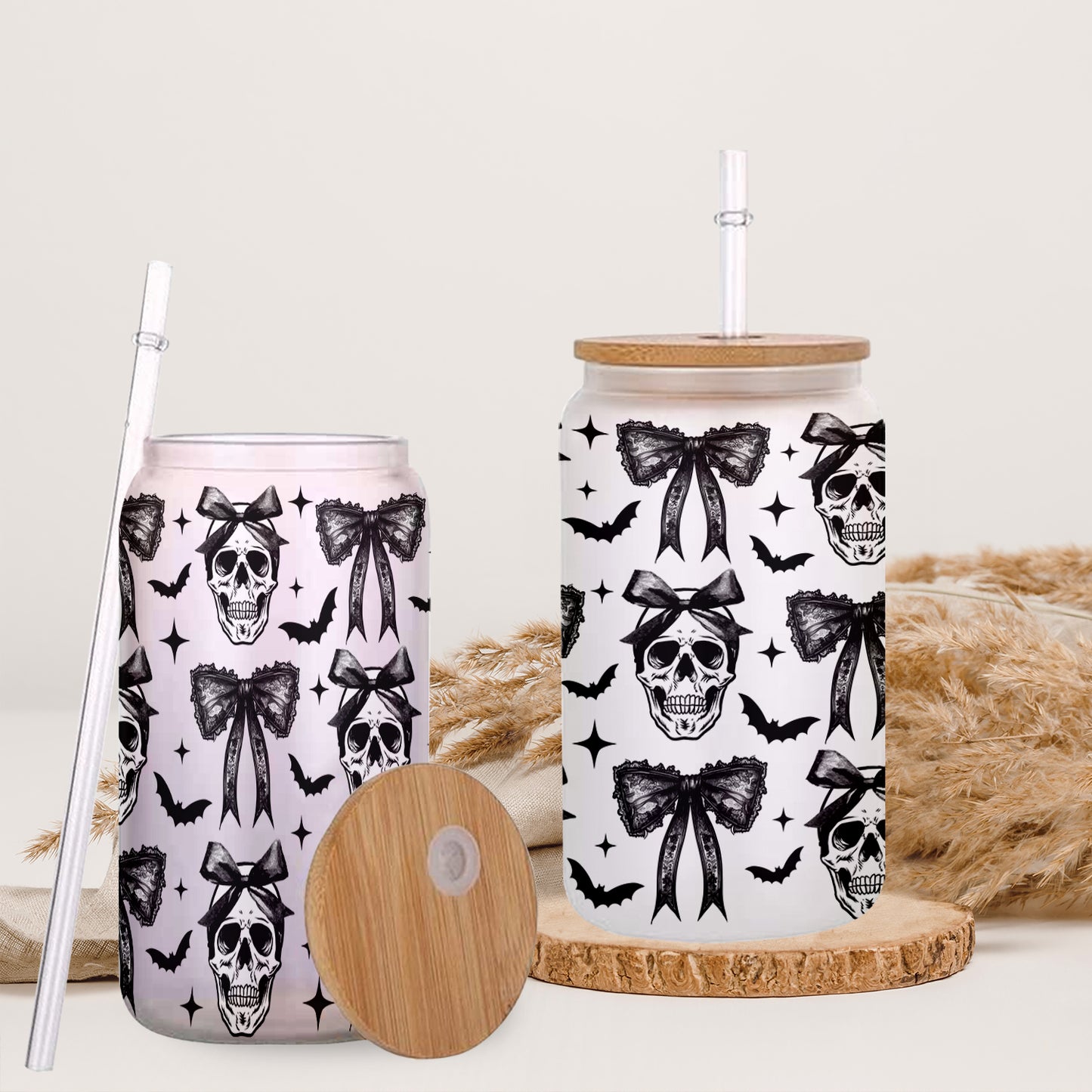 Petthouse | Halloween Skull Black Bow Glass Can, Retro Halloween Glass Can, Halloween Spooky Season Glass