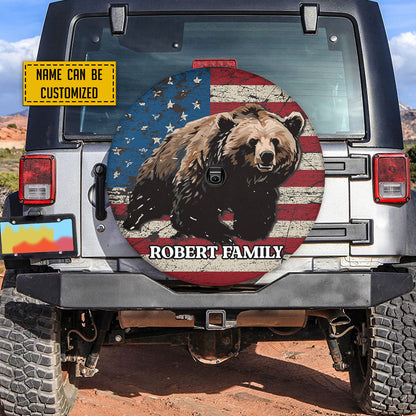 Petthouse | Customized Name Hunting Bear Forest American Flag Spare Tire Cover Wild Bear Durable Tire Protector