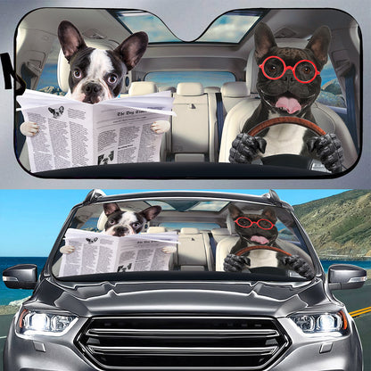 Petthouse | Funny Dog Sunshade French Bulldog Reading Newspaper Windshield Sun Shade Sun Visor