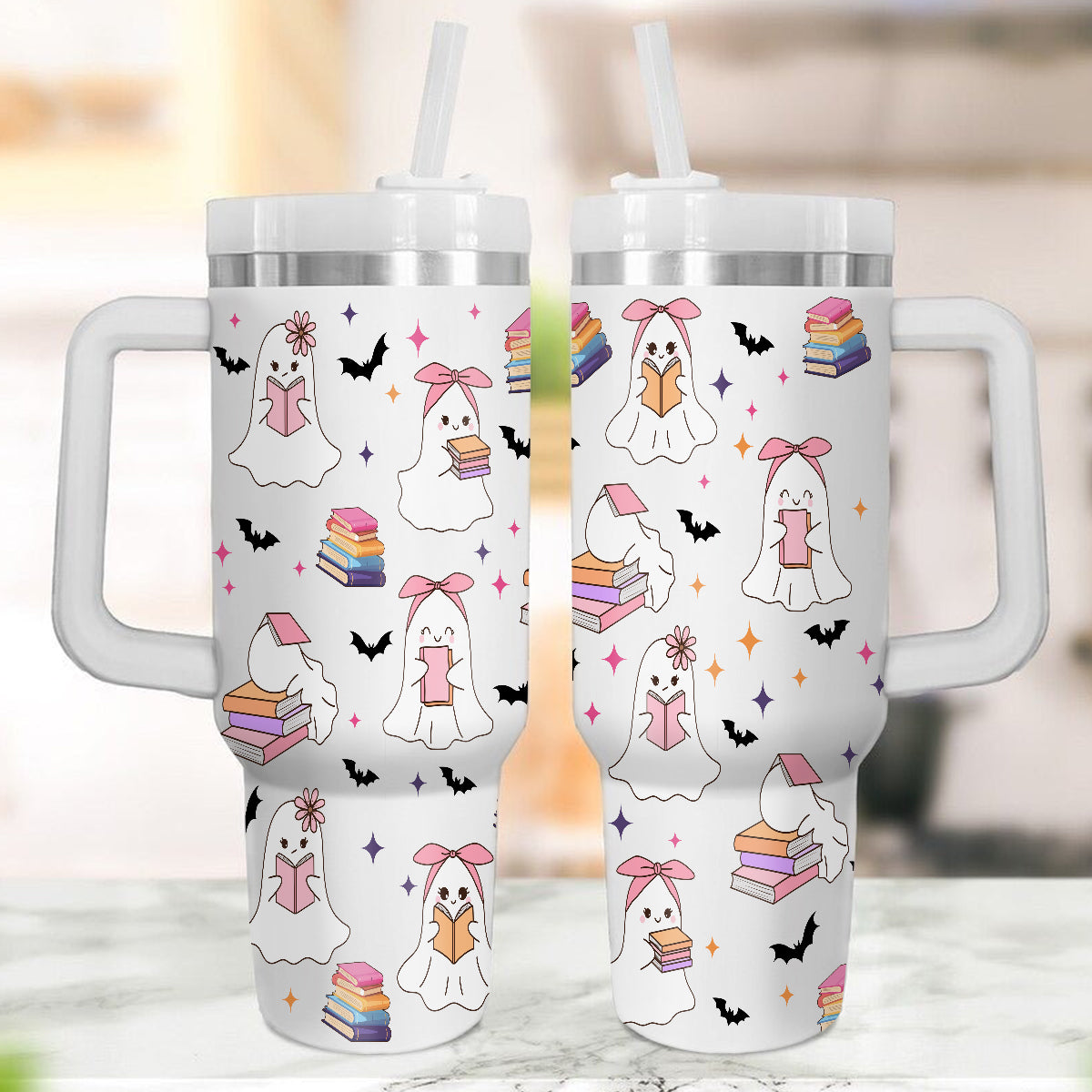 Petthouse | Cute Ghost Reading 40oz Tumbler, Halloween Bookish Tumbler, Halloween Gift For Book Lovers