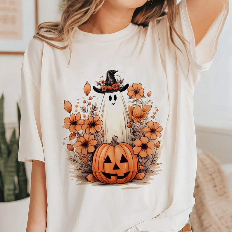 Petthouse | Cute Ghost Pumpkin T-shirt, Fall Autumn Halloween, Floral Ghost Pumpkin, Halloween Shirt