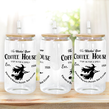 Petthouse | Witches Brew Coffee House Glass Can, Halloween Witchy Cup, Coffee House Witch Spooky Vibes