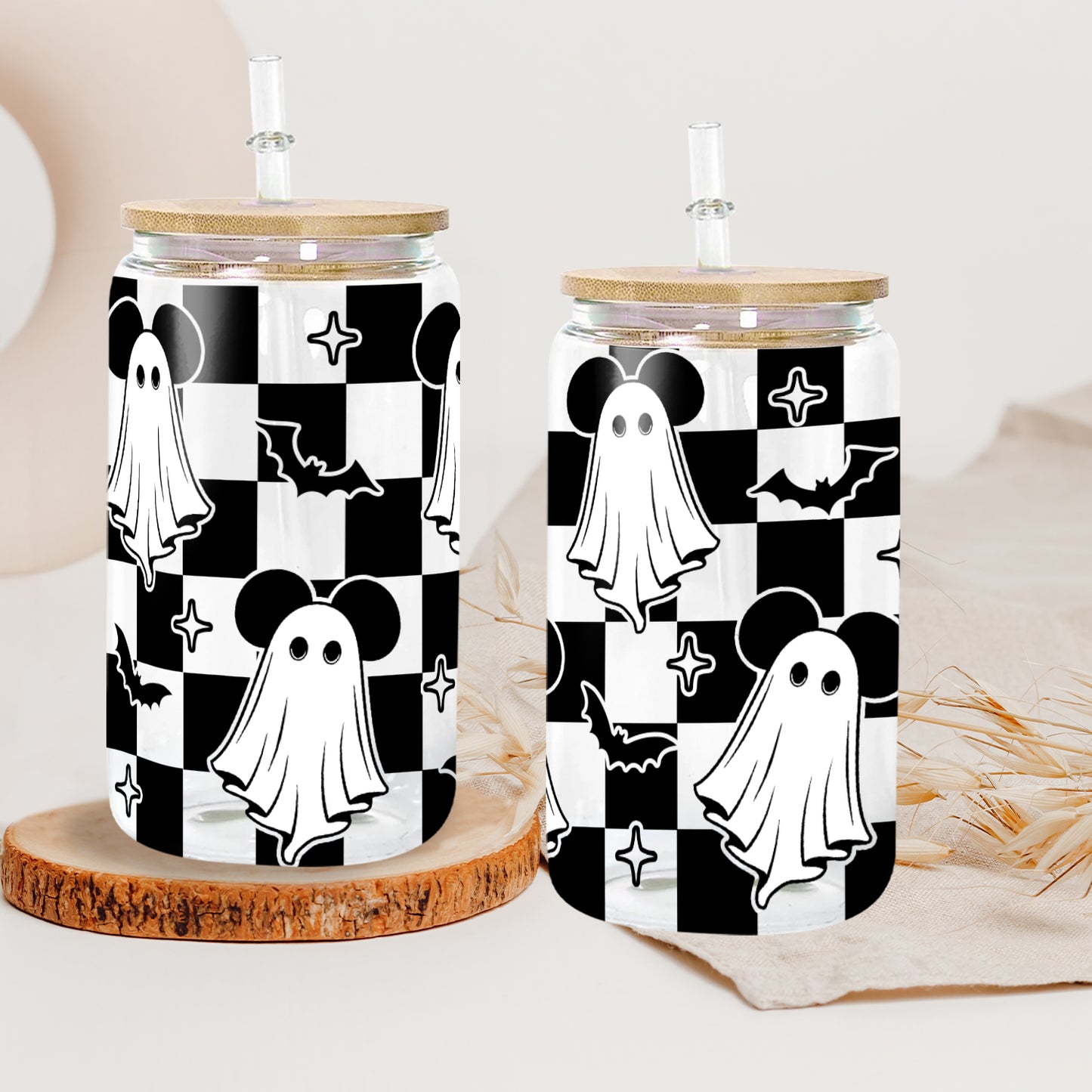 Petthouse | Ghost Mouse Halloween Glass Can, Halloween Mouse Glass Can Wrap, Checkered Ghost, Checkerboard