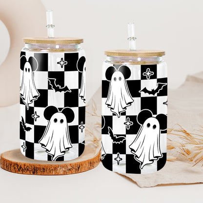 Petthouse | Ghost Mouse Halloween Glass Can, Halloween Mouse Glass Can Wrap, Checkered Ghost, Checkerboard