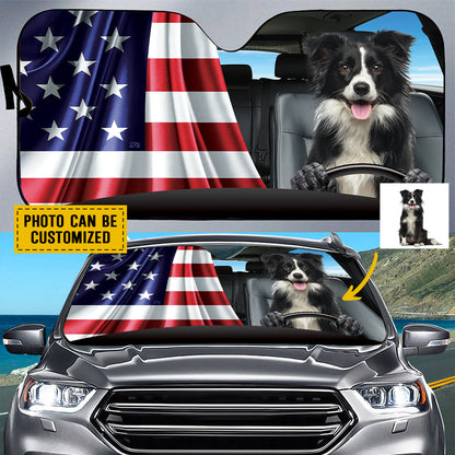 Petthouse | Custom Photo Dog Sunshade American Flag Windshield Sun Shade Border Collie Dog Driver Car