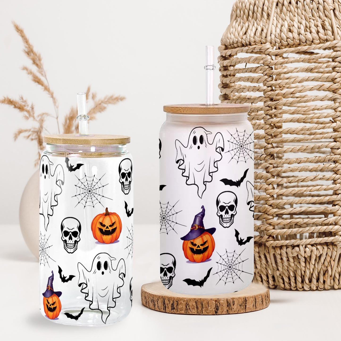 Petthouse | Ghost Halloween Glass Can, Skulls And Ghosts Glass Can, Spooky Season Pumpkin