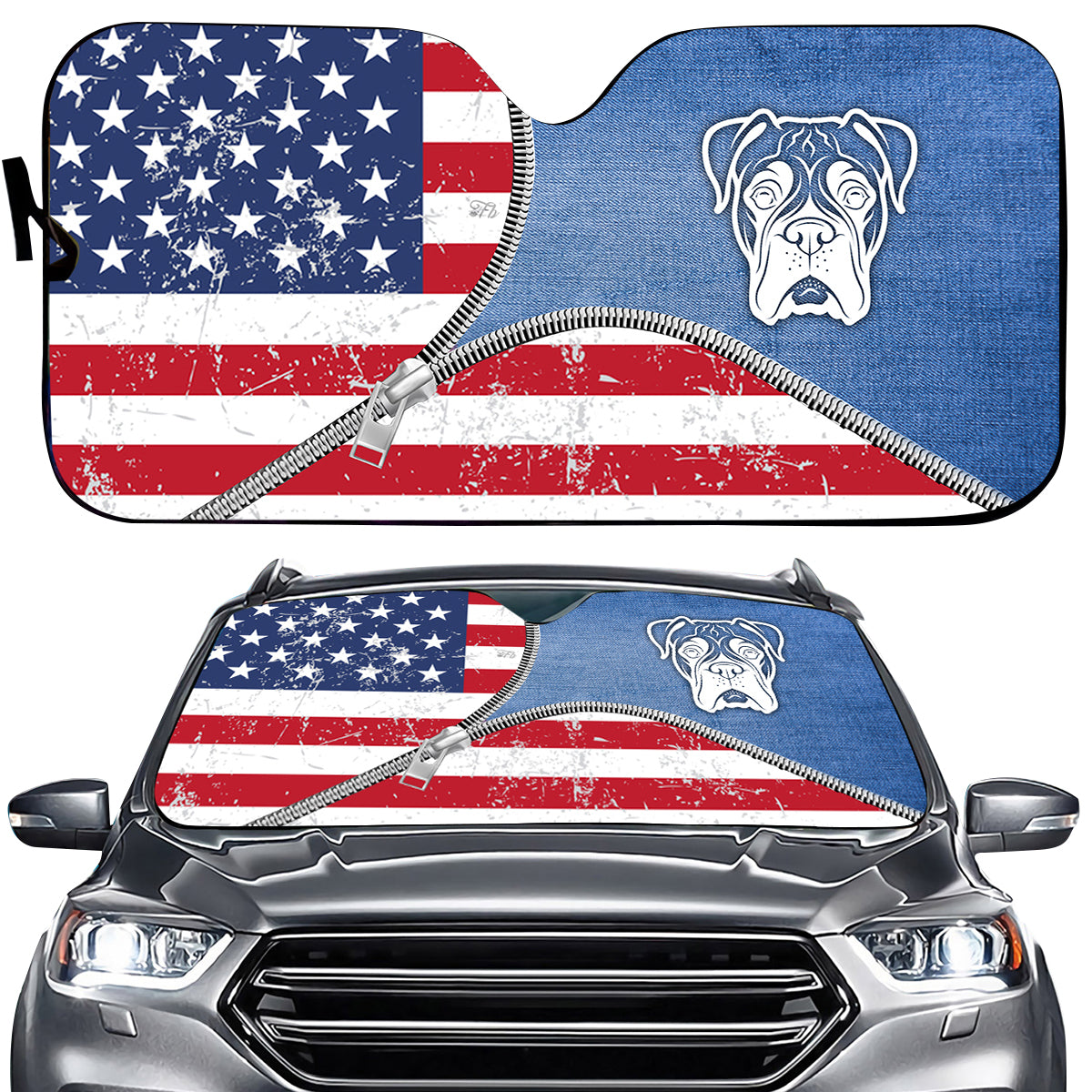 Petthouse | Boxer Dog Denim American Car Sunshade Windshield Sun Shade American Flag Car Sun Shade Windshield