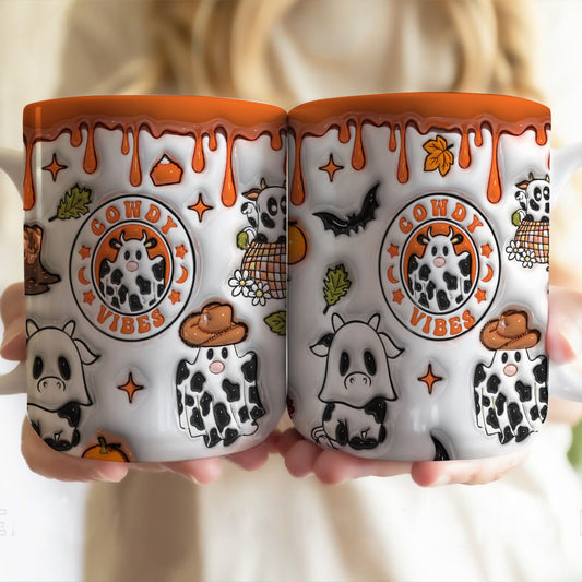 Petthouse | Cowdy Vibes Ceramic Mug, Moo Ghost 3d Inflated Mug, Cow Ghost Halloween, Pumpkin Spice