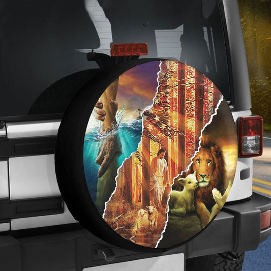 Petthouse | Jesus Lion And Lamb Spare Tire Cover God Believer Gifts Seasonal Tire Totes Universal Fit