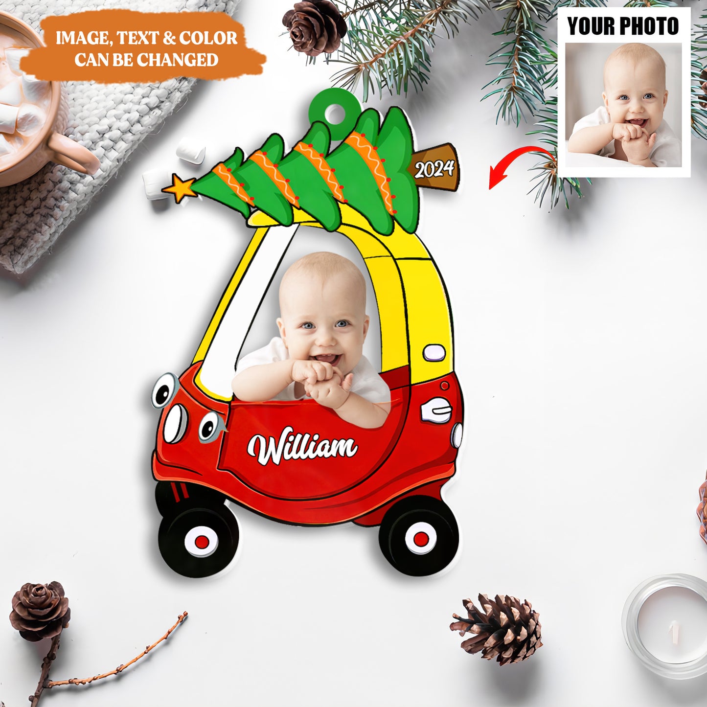 Petthouse | Custom Kid Photo Christmas Ornament, Xmas Gift For Kids, 2024 Baby Newborn In Car Flat Ornament