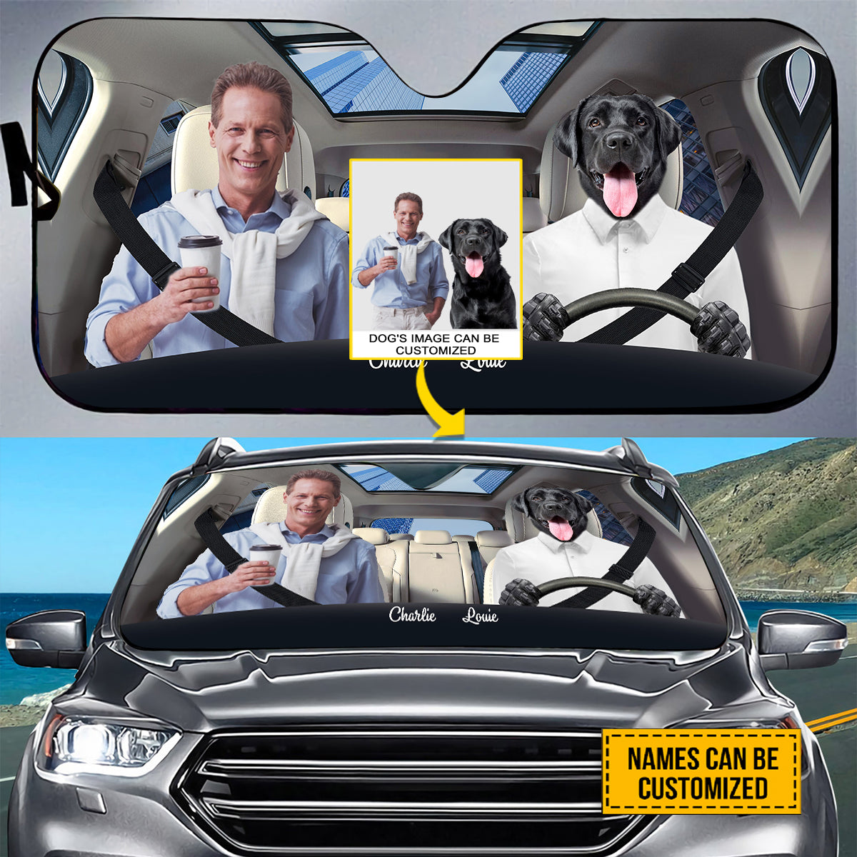 Petthouse | Dog Boss Customized Windshield Sun Shade With Photo Go To Work With Pet Auto Shade Protector Fun