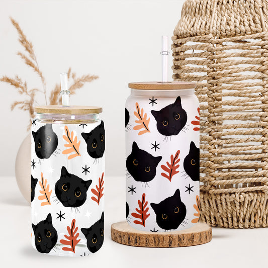 Petthouse | Black Cat Fall Glass Can, Black Cat Halloween Glass, Black Cat Coffee Glass, Viral Coffee