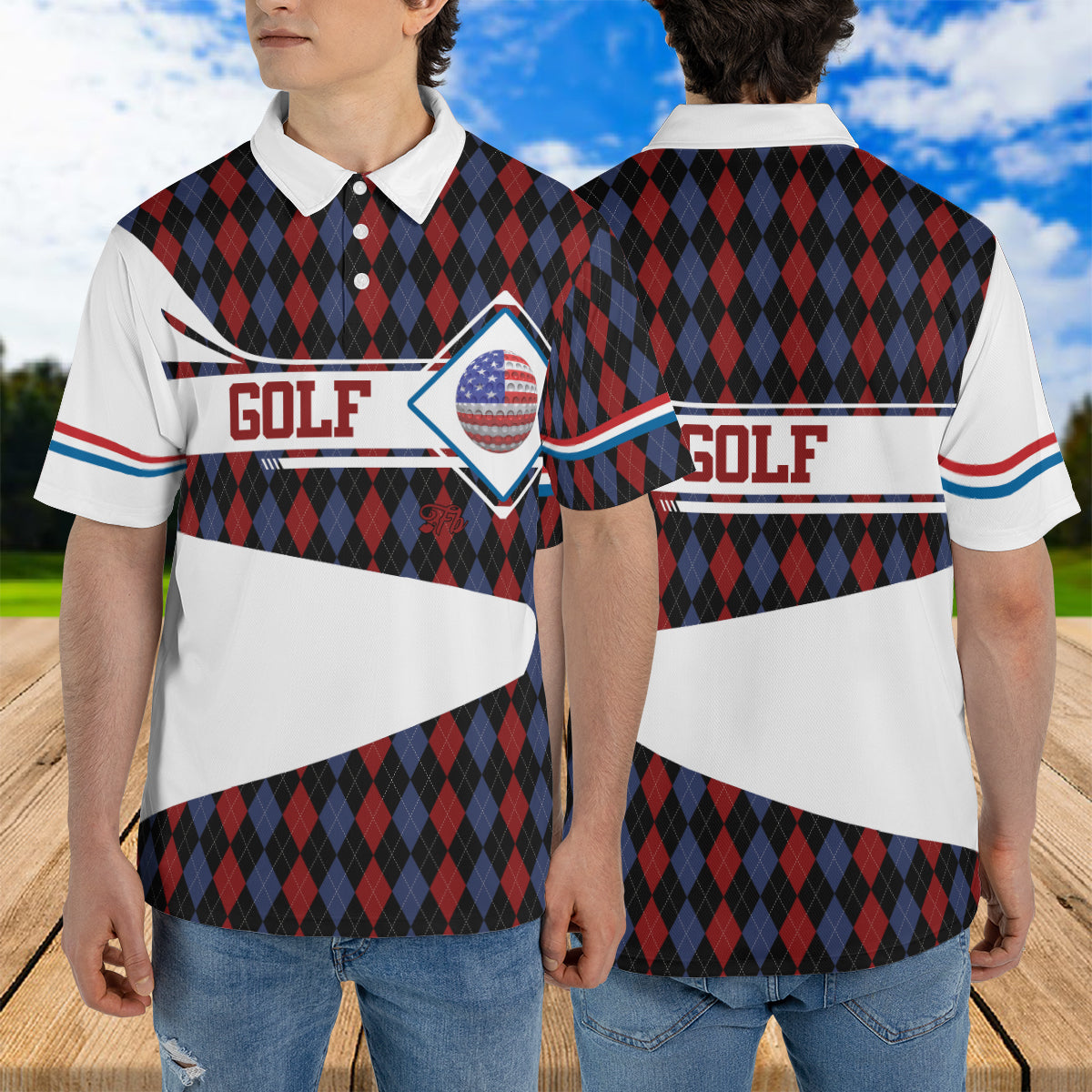 Petthouse | Golf Polo Shirt Golf American Flag Pattern Golf Argyle Seamless Golfer Gift Polo For Golf Players Daddy