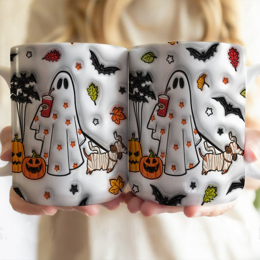 Petthouse | Ghost Walking Dog 3d Inflated Effect Printed Mug, Halloween Ghost Coffee Mug, Spooky Vibes