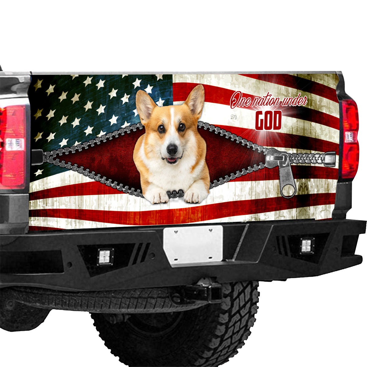 Petthouse | Pembroke Welsh Corgi Dog One Nation Under God Tailgate Vinyl Wrap American Flag American