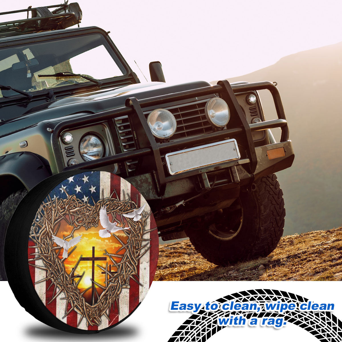 Petthouse | Jesus Cross Peaceful View Tire Protector Covers Christian Car Decor One Nation Under God Spare Tire Cover